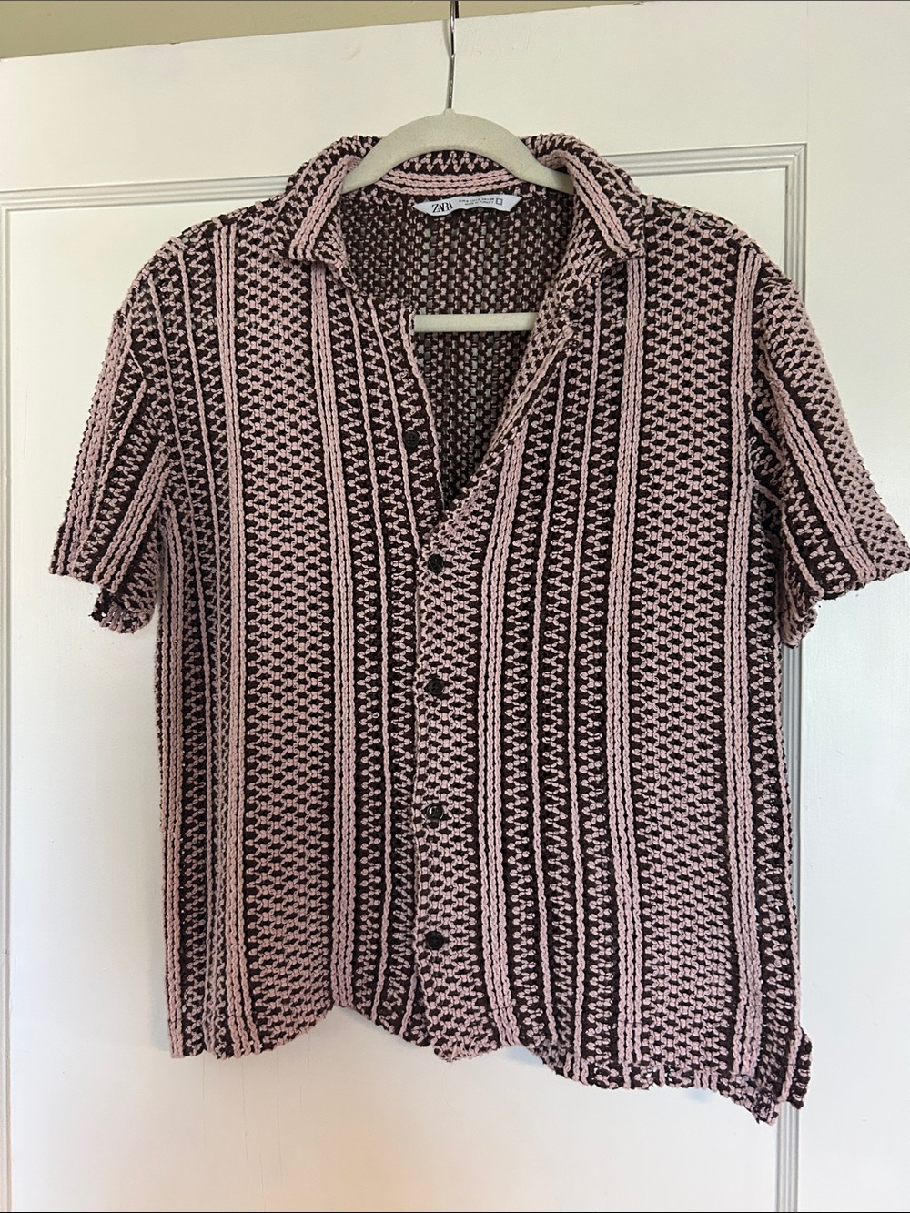 Zara Men Pink & Black Short-Sleeve Knit Button-Down Shirt